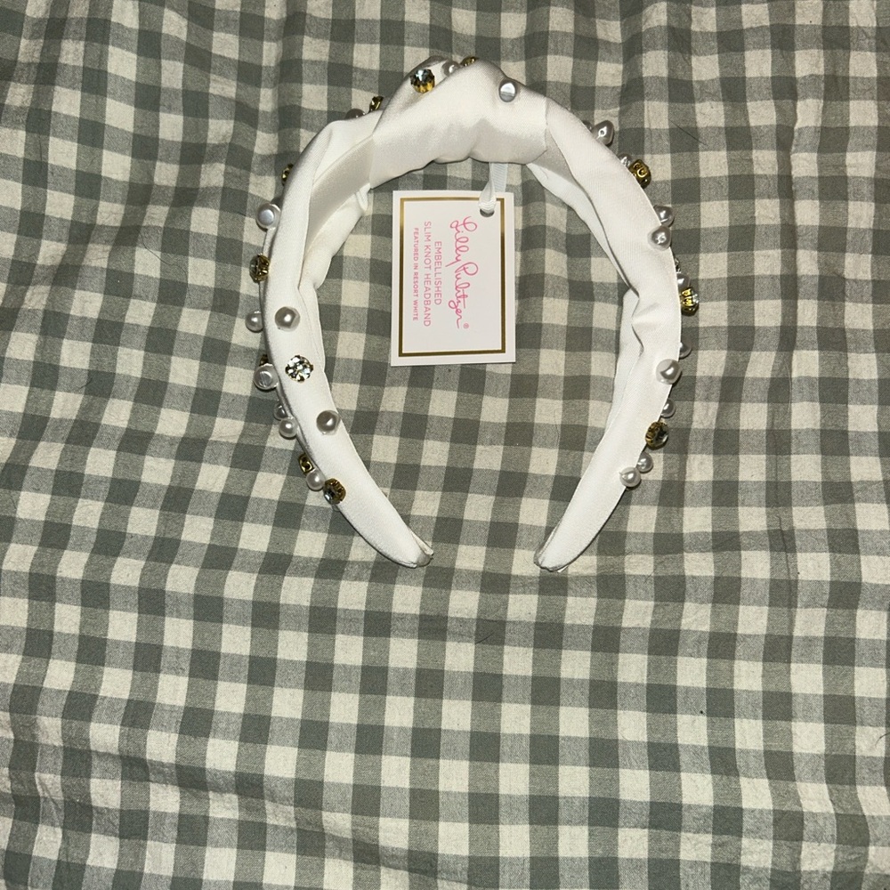Lilly Pulitzer White Headband with Gold and Pearl Embellishments